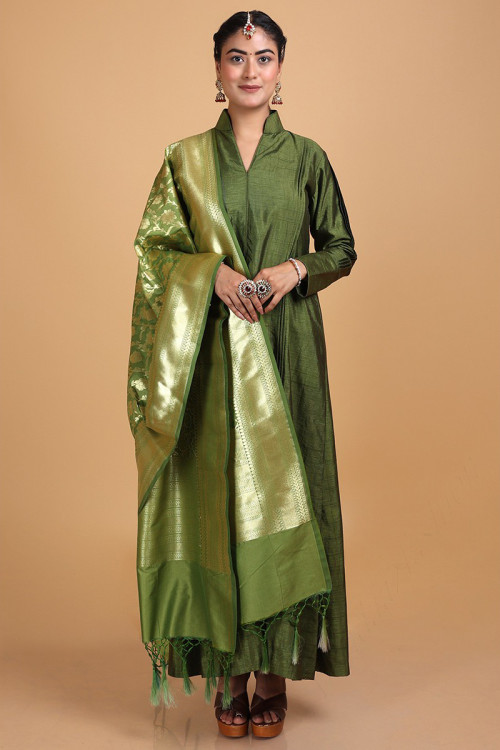 Olive Green Art Silk Embroidered Trouser Suit for Eid