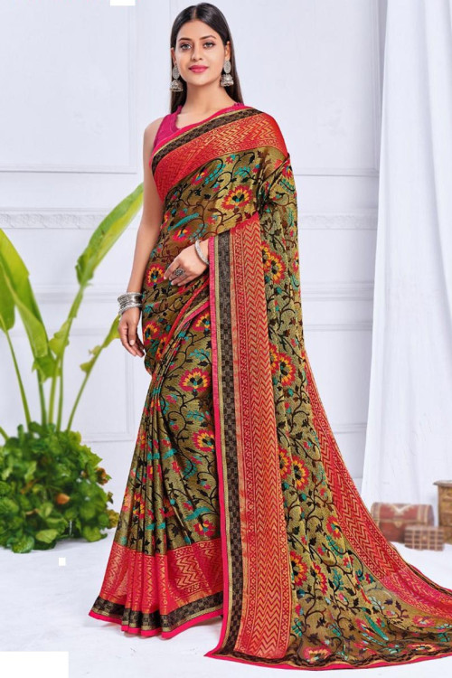 Olive Green Brasso Pinted Saree