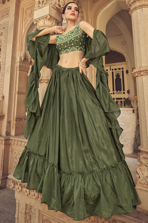 Olive Green Chinnon Plain Lehenga
