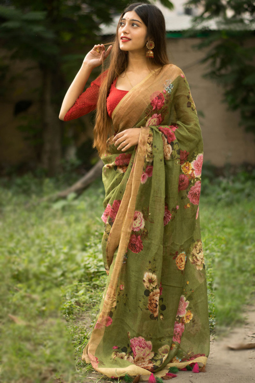 Olive Green Cotton Blend Digital Print Saree