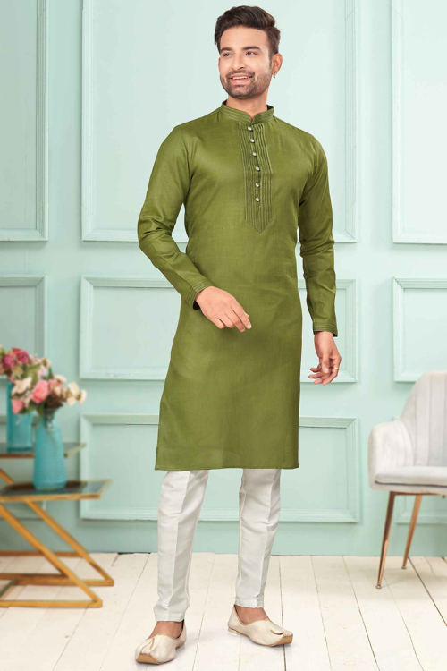 Olive Green Cotton Men's Straight Cut Kurta Pajama With Lace 