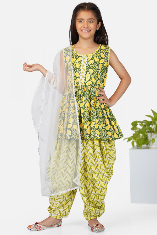 Olive Green Cotton Printed Frock Style Dhoti Pant Girl Suit 