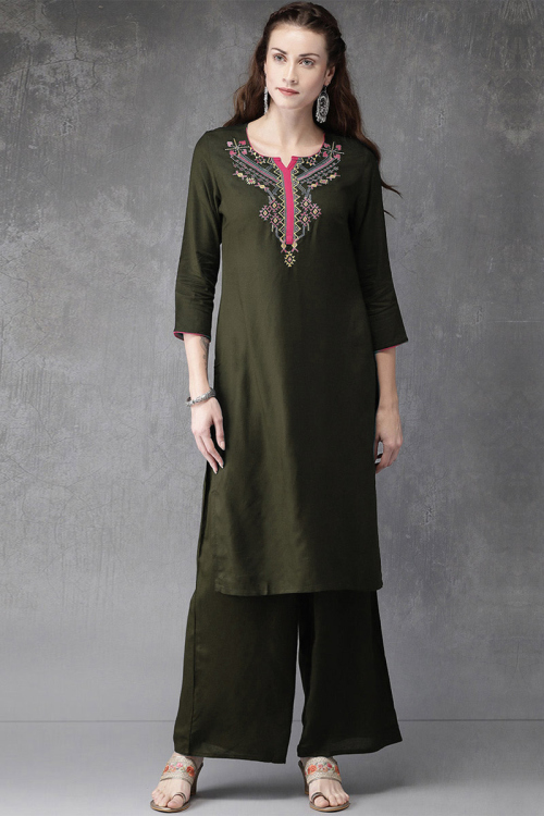 Olive Green Cotton Rayon Embroidered Wedding Special Trouser Suit
