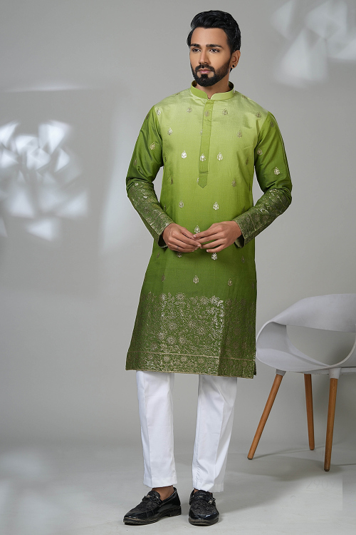 Olive Green Cotton Silk Men's Kurta Pajama With Printed Work