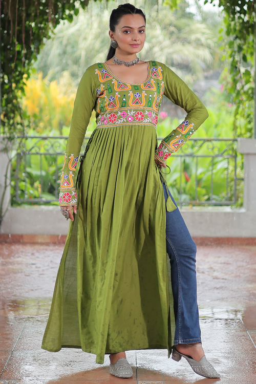 Olive Green Cotton Silk Resham Thread Kurti For Navratri