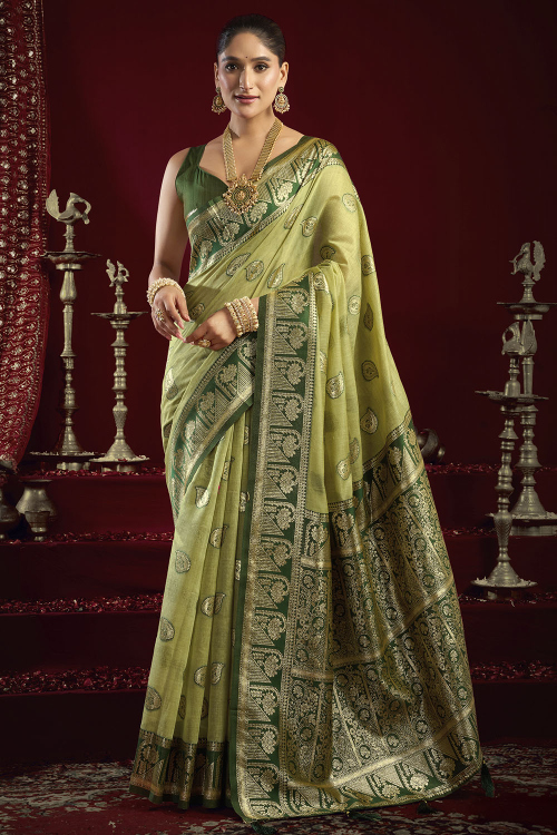 Olive Green Cotton Silk Saree With Woven Zari Work For Festival