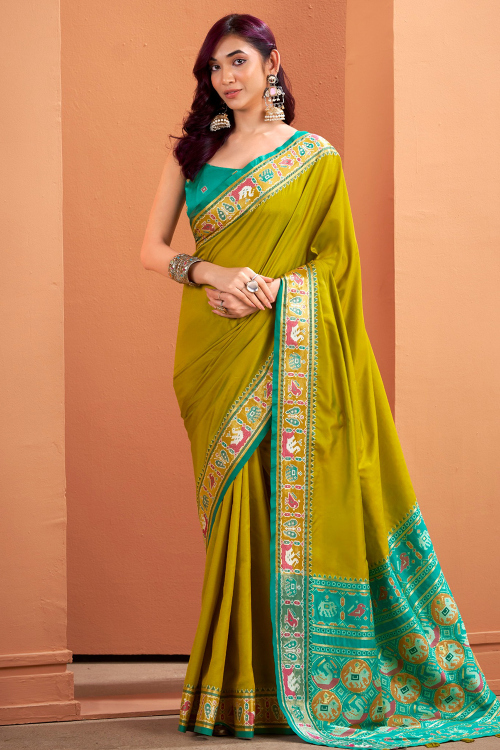 Olive Green Cotton Silk Weaved Broad Border Saree 