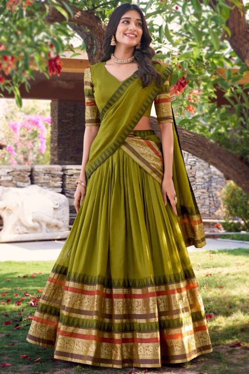 Olive Green Cotton Weaved Flared Style Lehenga For Festival