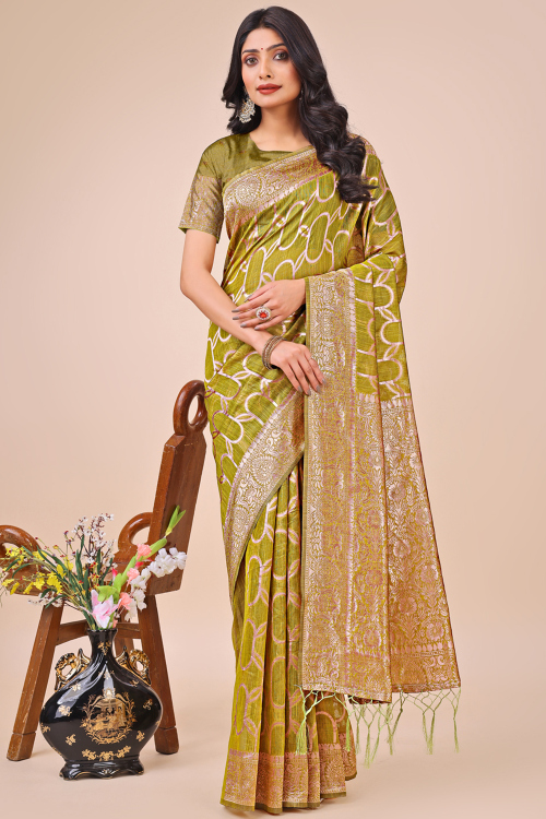 Olive Green Cotton Woven Zari Broad Border Saree