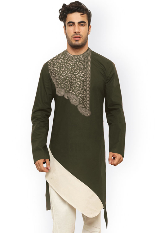 Olive Green Cotton Zari Embroidered Men's Churidar Kurta