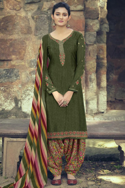Eid Special Army Green Crepe Straight Cut Patiala Suit