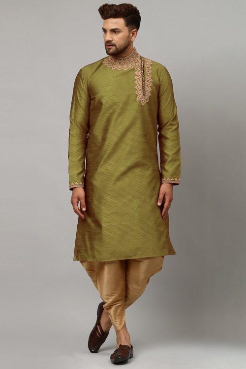 Olive Green Dupion Silk Embroidered Men Kurta