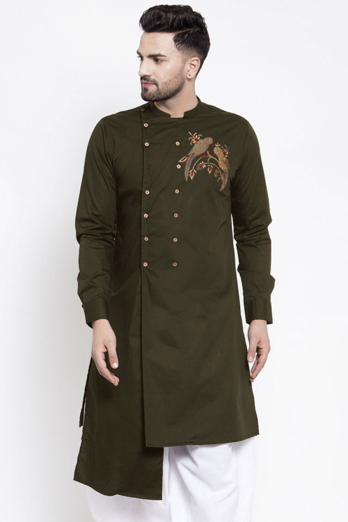 Olive Green Dupion Silk Embroidered Kurta for Men