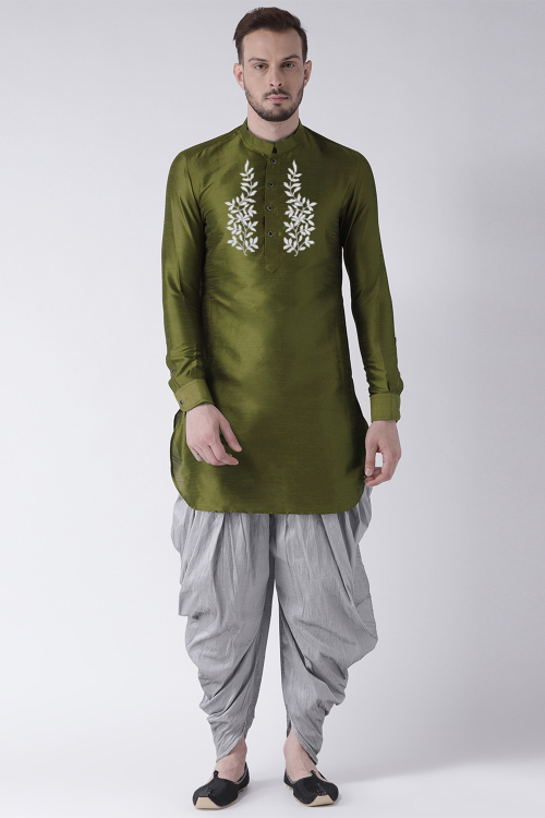 Olive Green Dupion Silk Embroidered Straight Cut Men's Kurta