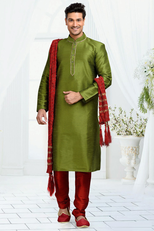 Olive Green Dupion Silk Men's Kurta Churidar With Zari Work
