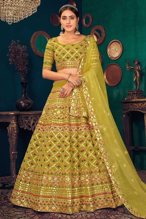 Olive Green Georgette A-Line Wedding Wear Lehenga