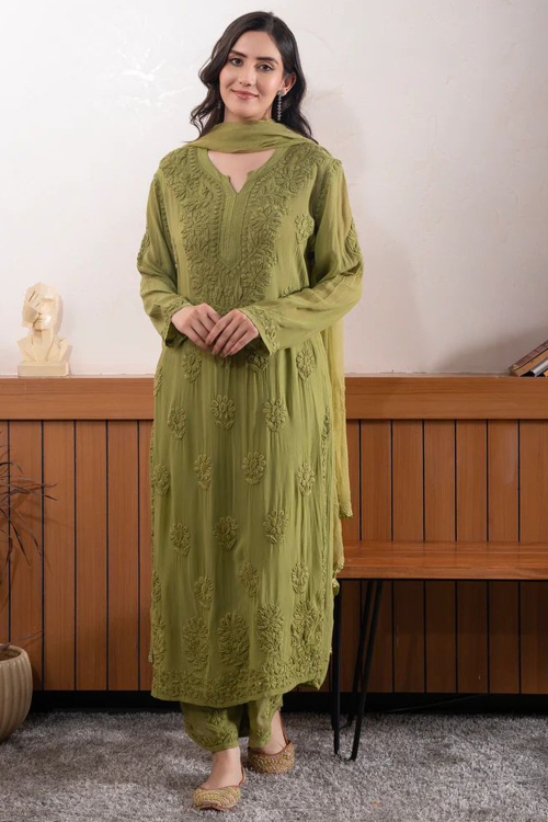 Olive Green Georgette Embroidered Trouser Suit For Festival