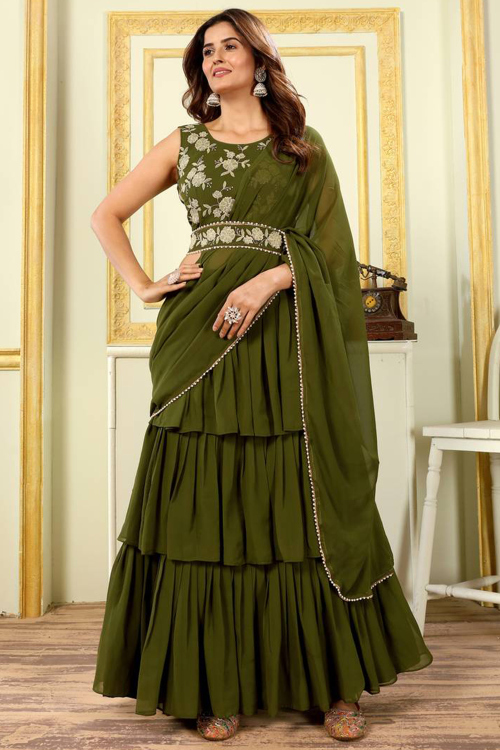 Olive Green Georgette Lehenga with Embroidered Blouse For Mehendi