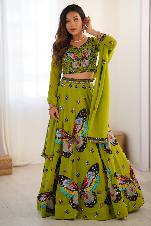 Olive Green Georgette Panelled Style Lehenga with Sequins Work