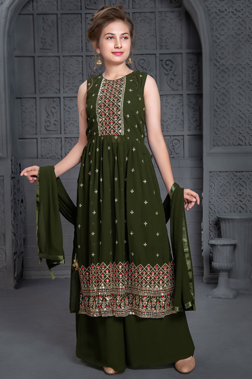Olive Green Georgette Sequins Embroidered Palazzo Suit