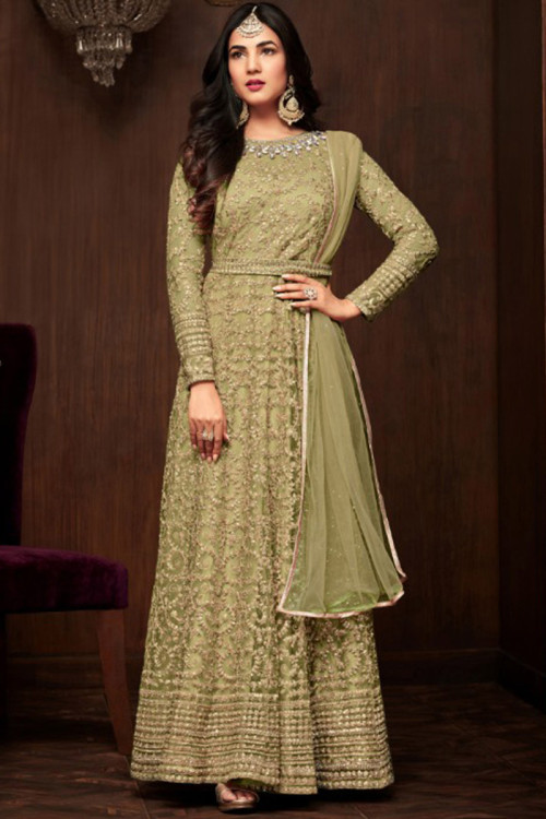 Olive Green Indian Wear Soft Net Anarkali Suit for Eid