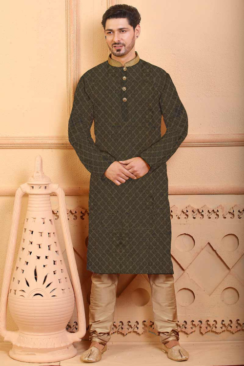 Olive Green Jacquard Straight Cut Men Kurta Pajama