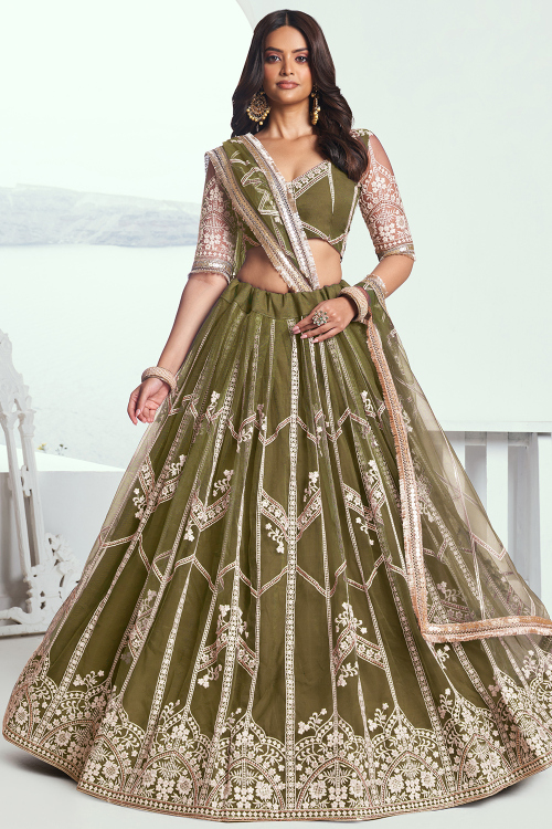 Olive Green Net Embroidered Flared Style Lehenga