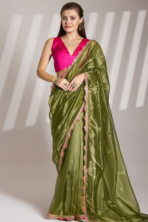 Olive Green Net Embroidered Shimmer Saree