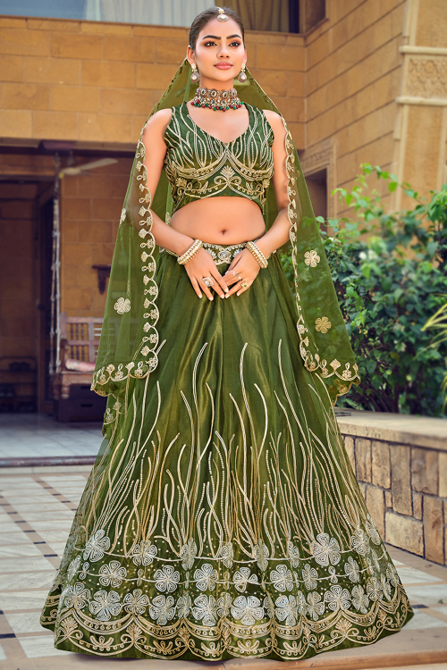 Olive Green Net Lehenga With Dori Work For Mehndi