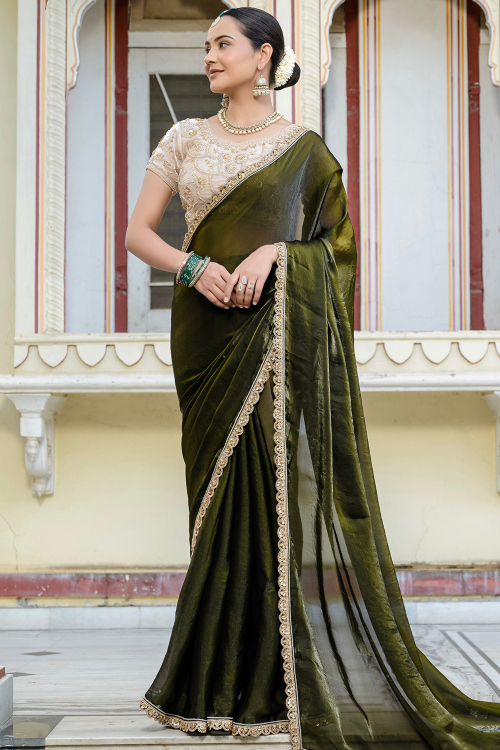 Olive Green Organza Saree with Zari Work for Wedding Wear