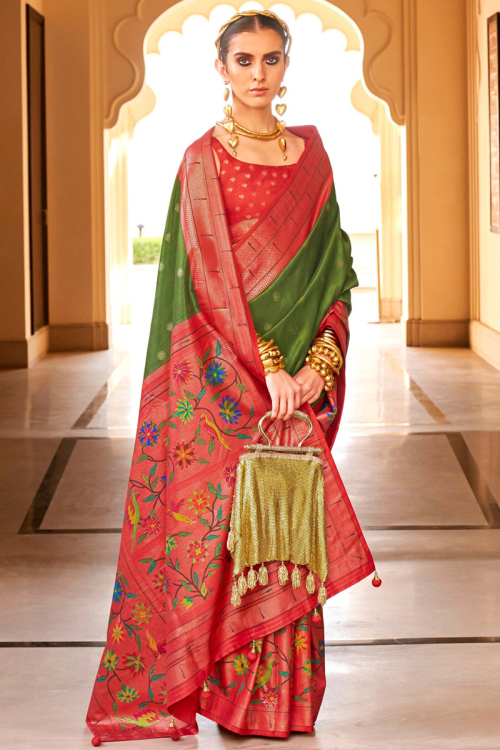 Olive Green Paithani Silk Weaved Zari Saree For Mehndi 
