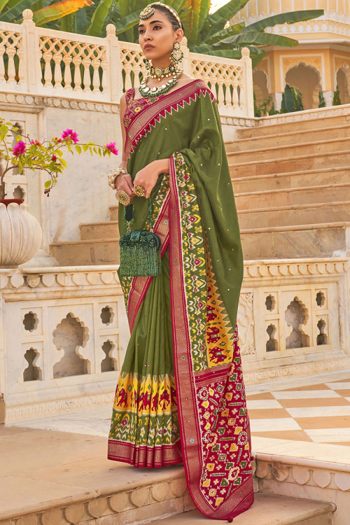 Olive Green Patola Cotton Silk Saree
