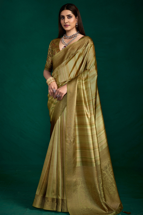 Olive Green Printed Art Silk Broad Border Saree