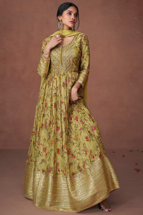 Olive Green Printed Chinnon Anarkali Suit For Mehndi 