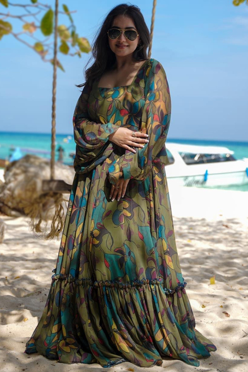 Olive Green Printed Georgette Ready to Wear Long Gown