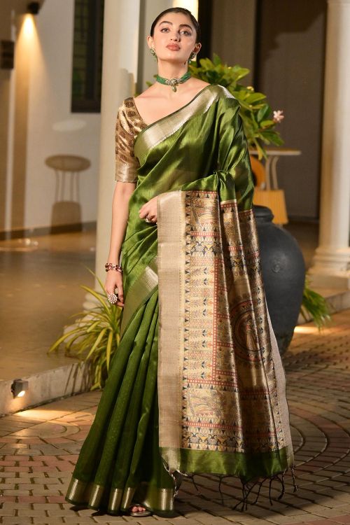 Olive Green Raw Silk Saree With Woven Zari Work For Festival