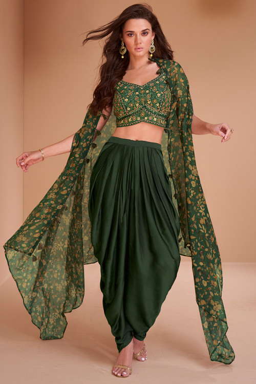 Dark Green Silk Indo Western Dhoti Pants with Top And Shrug