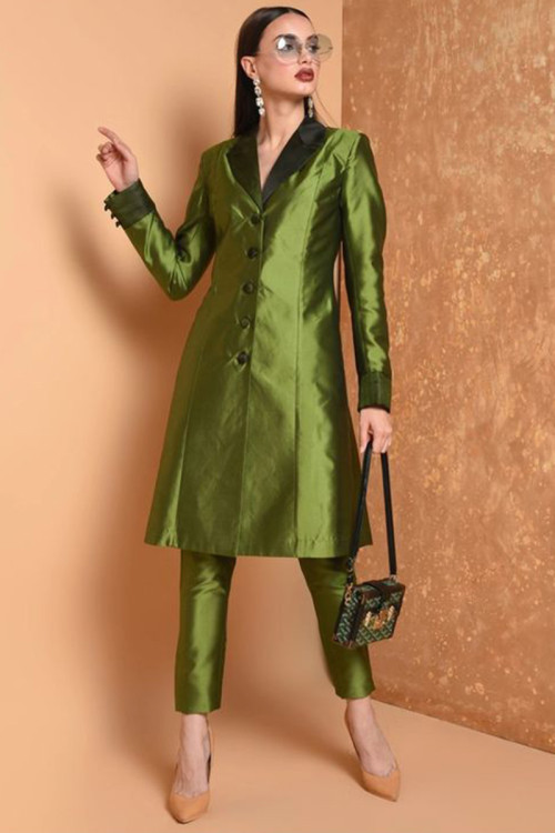 Olive Green Satin Plain Trouser Suit