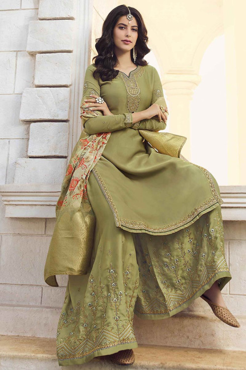 Buy Olive Green Satin Silk Sharara Suit With Zari Work Online ...