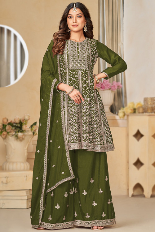 Olive Green Sequins Embroidered Palazzo Suit For Mehndi 