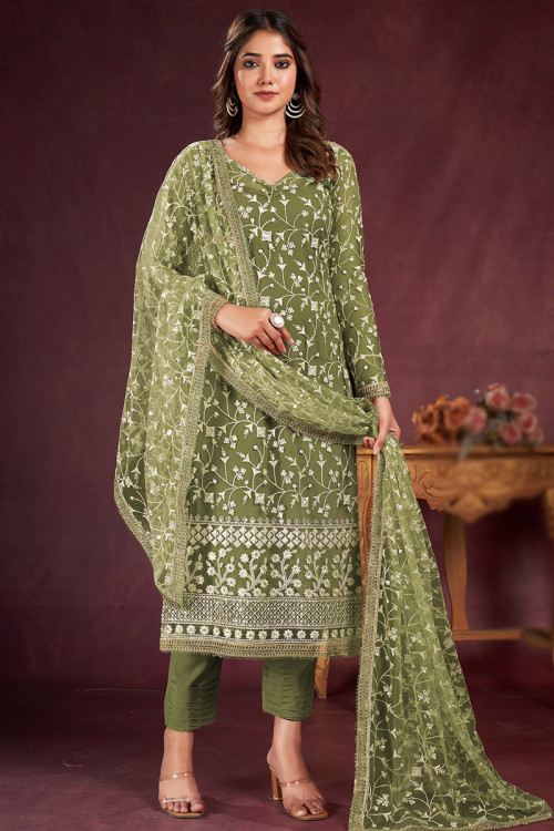 Olive Green Sequins Embroidered Straight Cut Net Trouser Suit