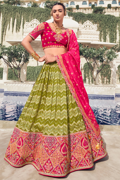 Olive Green Silk Blend Embroidered Lehenga For Wedding 