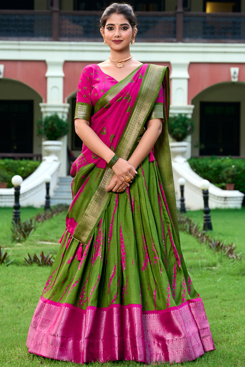 Olive Green Silk Blend Lehenga With Printed Work For Diwali