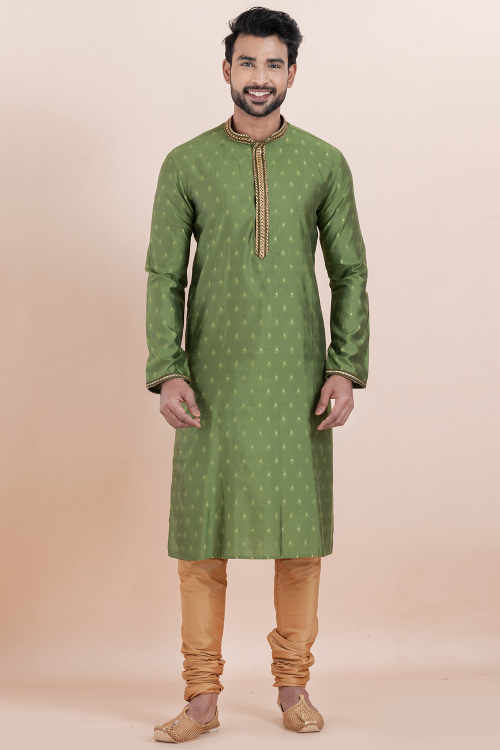 Olive Green Silk Blend Men's Kurta Churidar With Thread Work