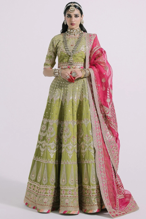 Olive Green Silk Embroidered Lehenga