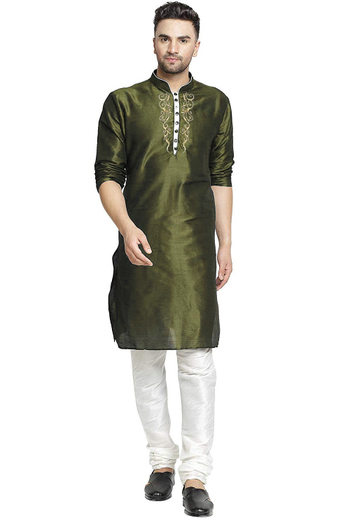 Olive Green Silk Embroidered Straight Cut Men's Kurta With Churidar