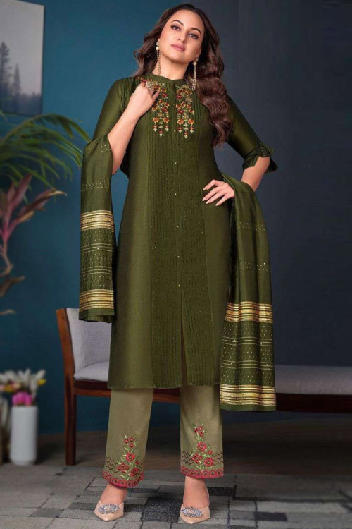 Silk Trouser Suit with Thread Work in Olive Green for Party 