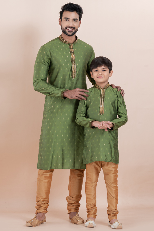 Olive Green Silk Kurta Pajama Combo for Father & Son Festive Wear