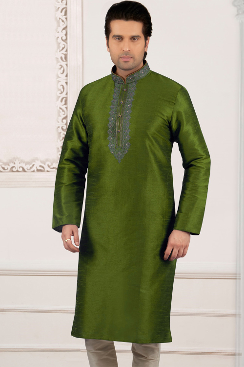 Olive Green Silk Kurta with Thread Work for Diwali Festive