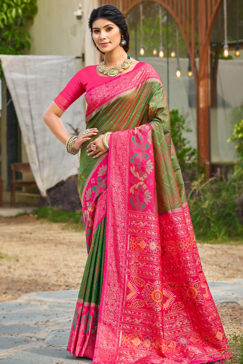 Olive Green Soft Silk Weaved Broad Border Saree 